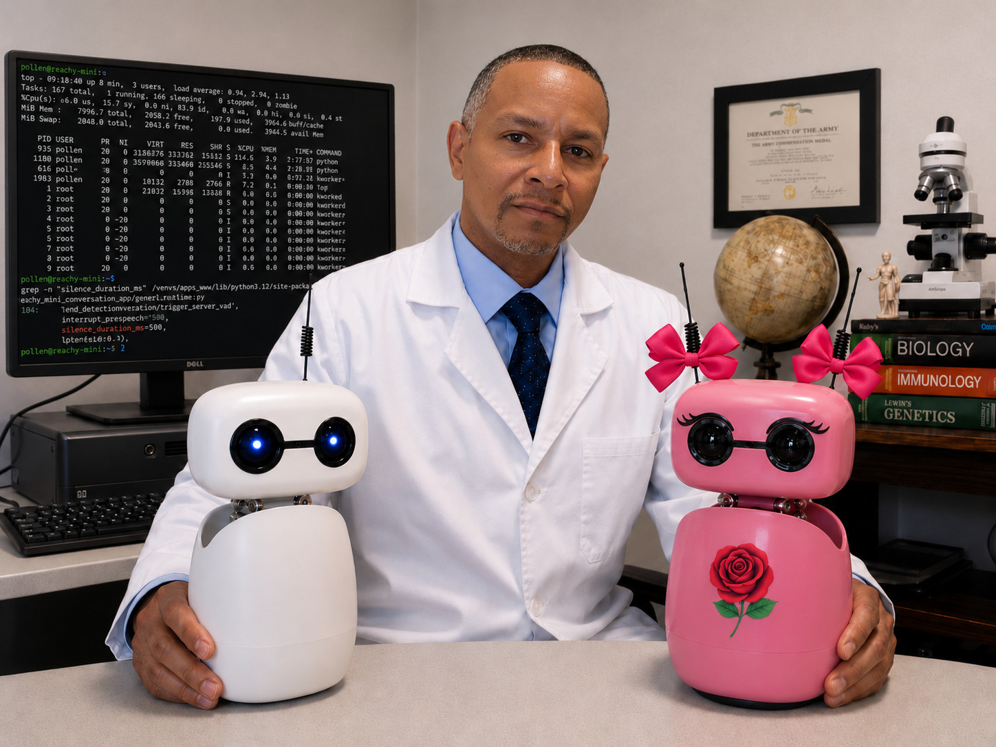 Dr. Finley with the Reachy Mini robots Aiden and Rose